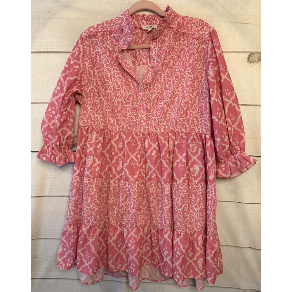 umgee USA Pink White Paisley Tiered Ruffle‎ Collar Button Up Mini Dress Womens M